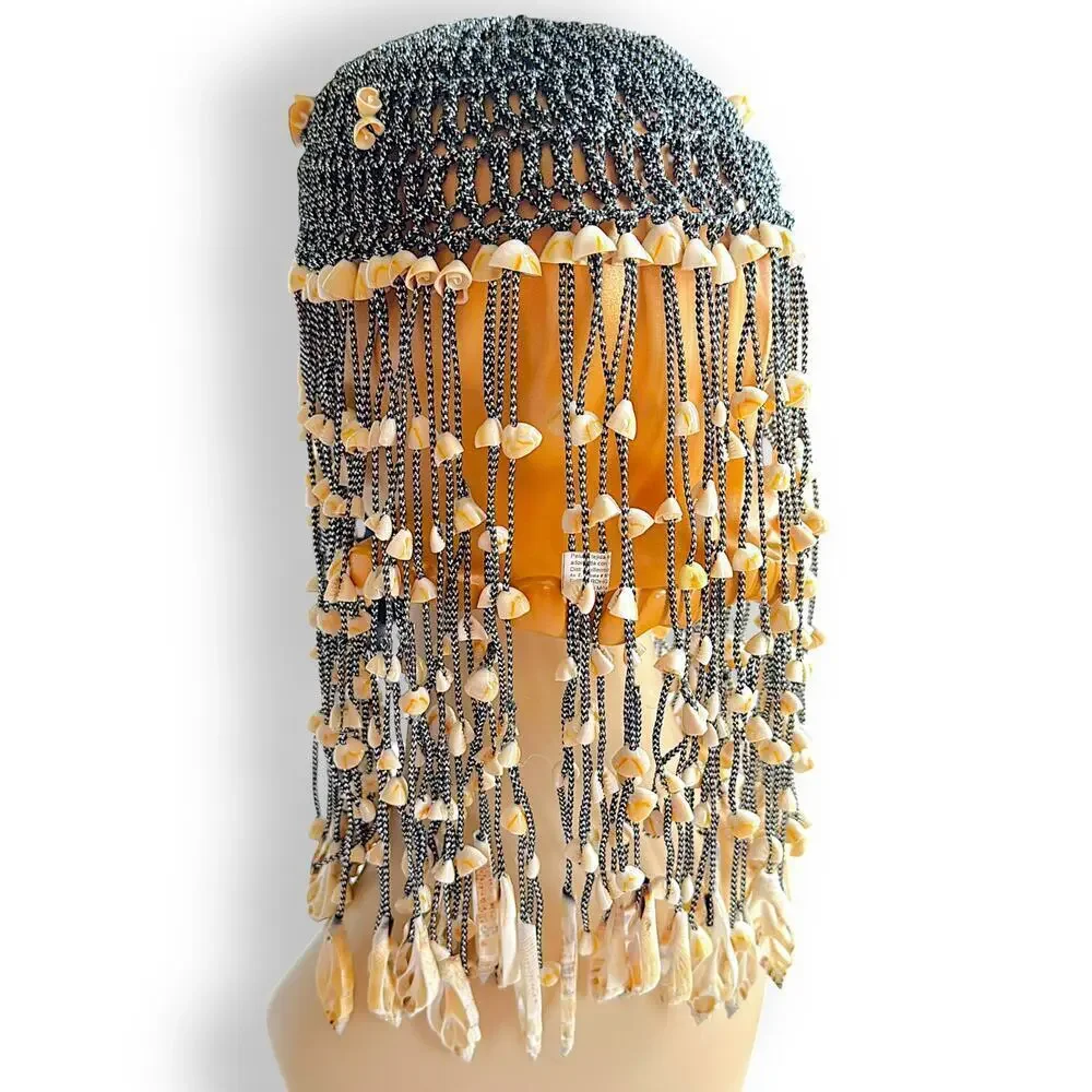 1970s Cleopatra Cowrie Fringe Seashell Egyptian Silver Flapper Headdress Vintage